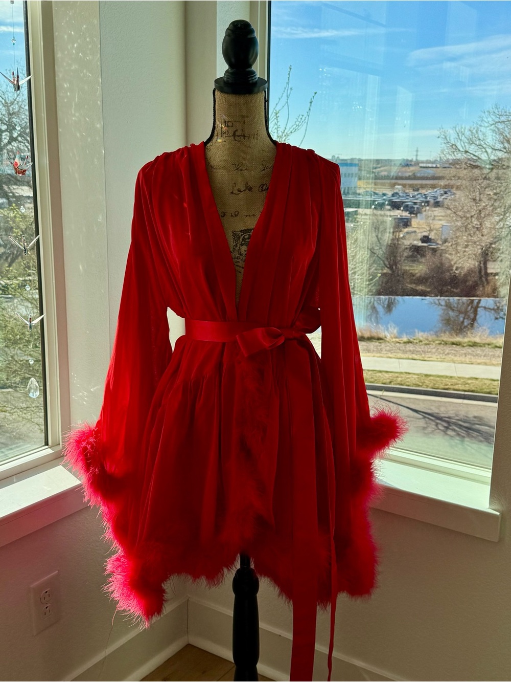 Red Sheer Feather Trim Women's Robe - Luxury Loungewear